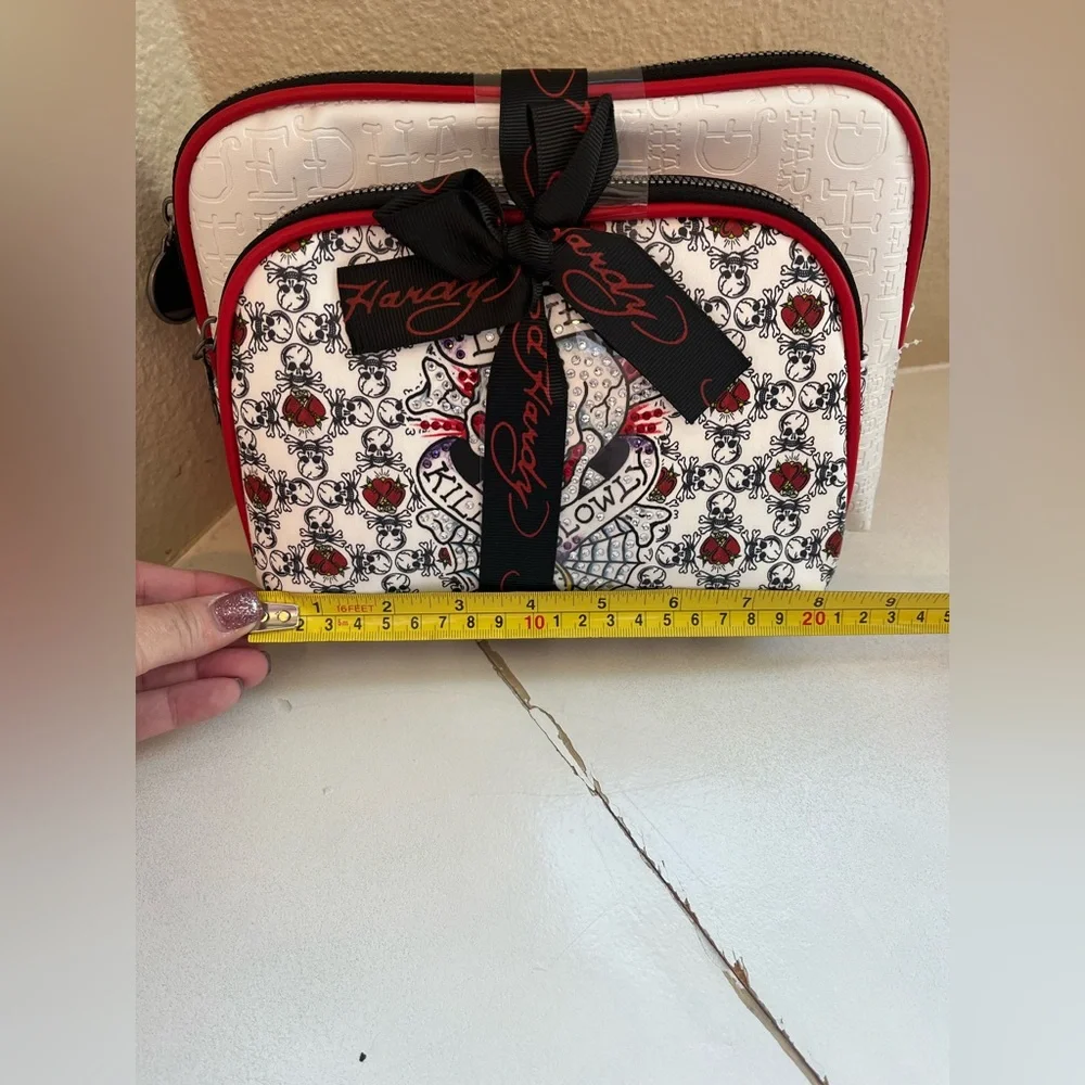 Ed Hardy Red White Black Patterned Cosmetic Makeup Bag Set